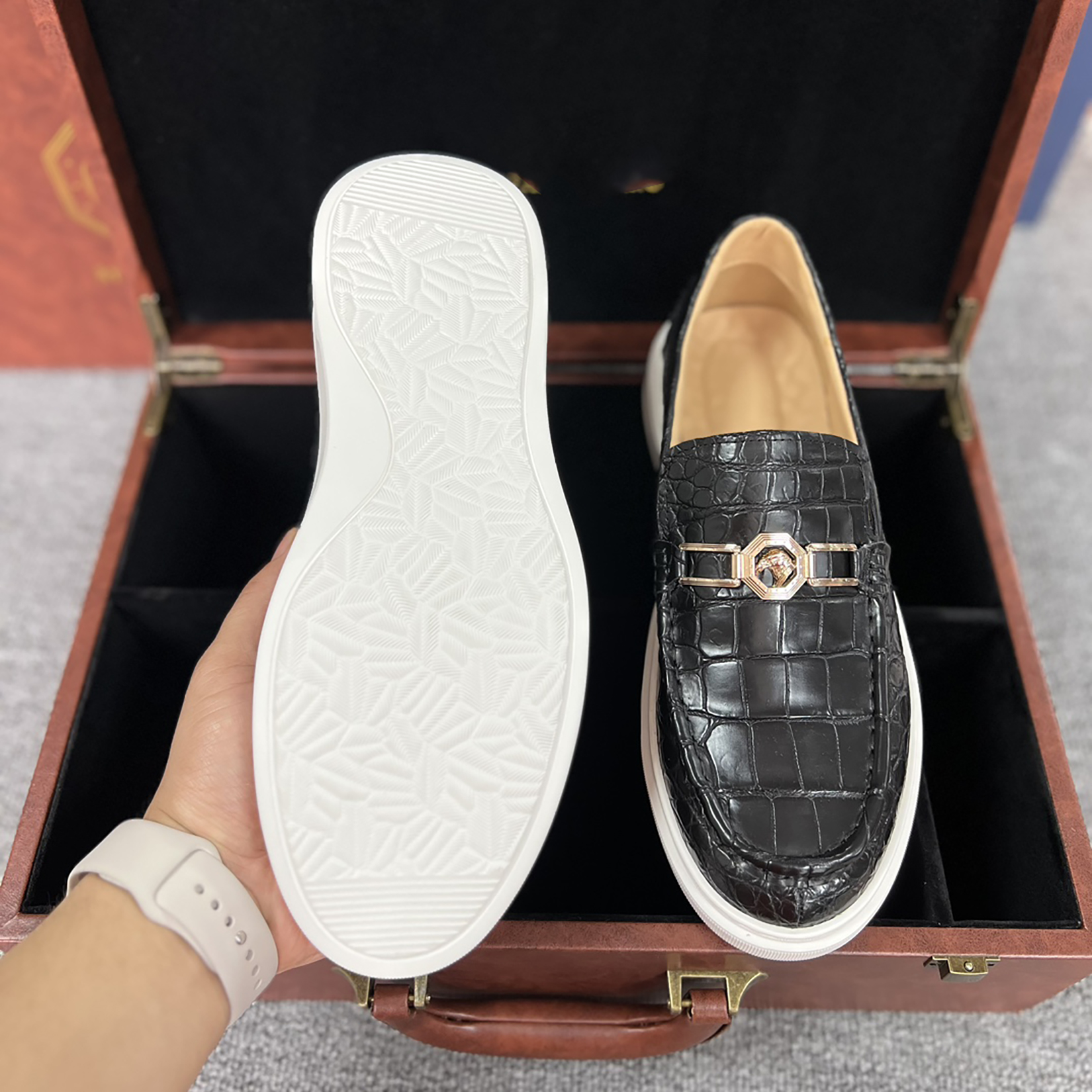 Men's Genuine Crocodile Leather Slip On Loafer Bit Shoes Black
