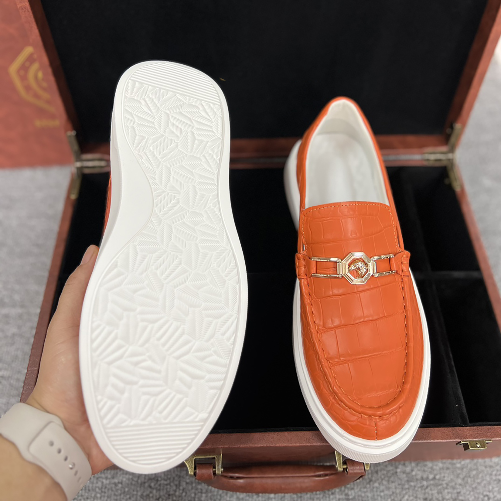 Men's Genuine Crocodile Leather Slip On Loafer Bit Shoes Orange