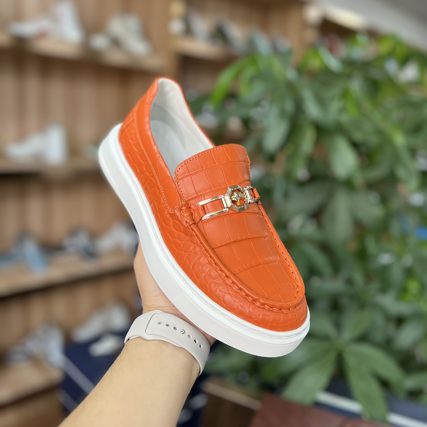 Men's Genuine Crocodile Leather Slip On Loafer Bit Shoes Orange