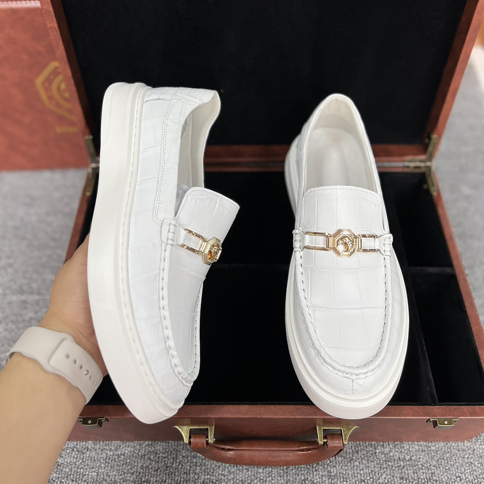 Men's Genuine Crocodile Leather Slip On Loafer Bit Shoes White