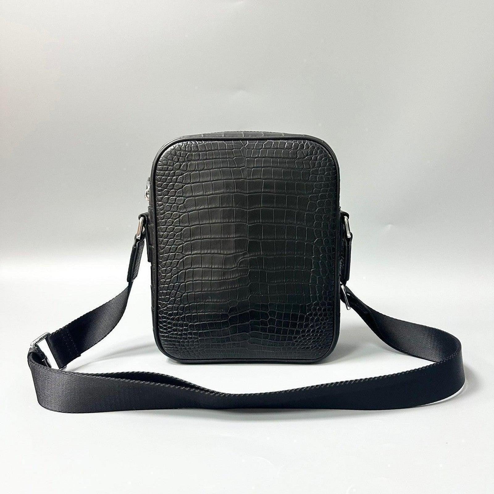 black genuine alligator leather crossbody bag front view with adjustable strap