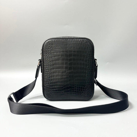 black genuine alligator leather crossbody bag front view with adjustable strap