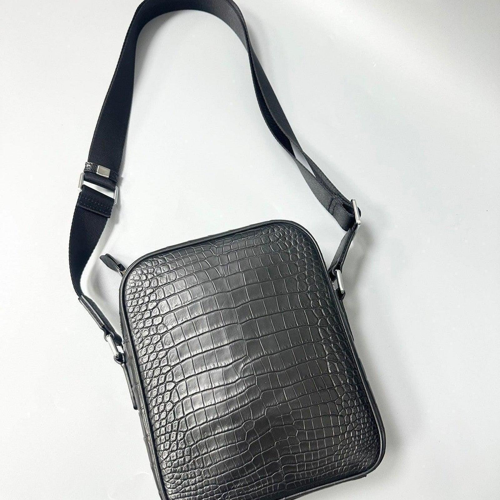 gray alligator leather crossbody bag with adjustable shoulder strap
