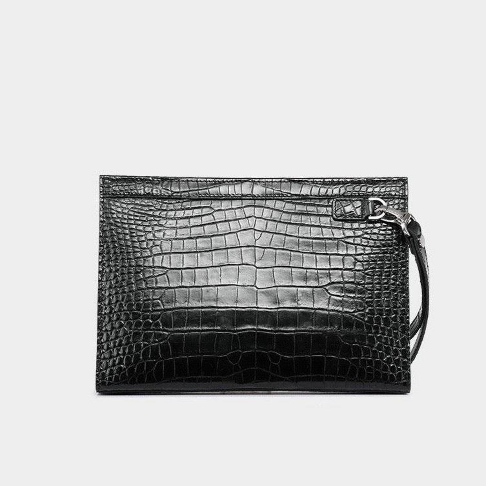 black genuine alligator belly leather men's clutch front view