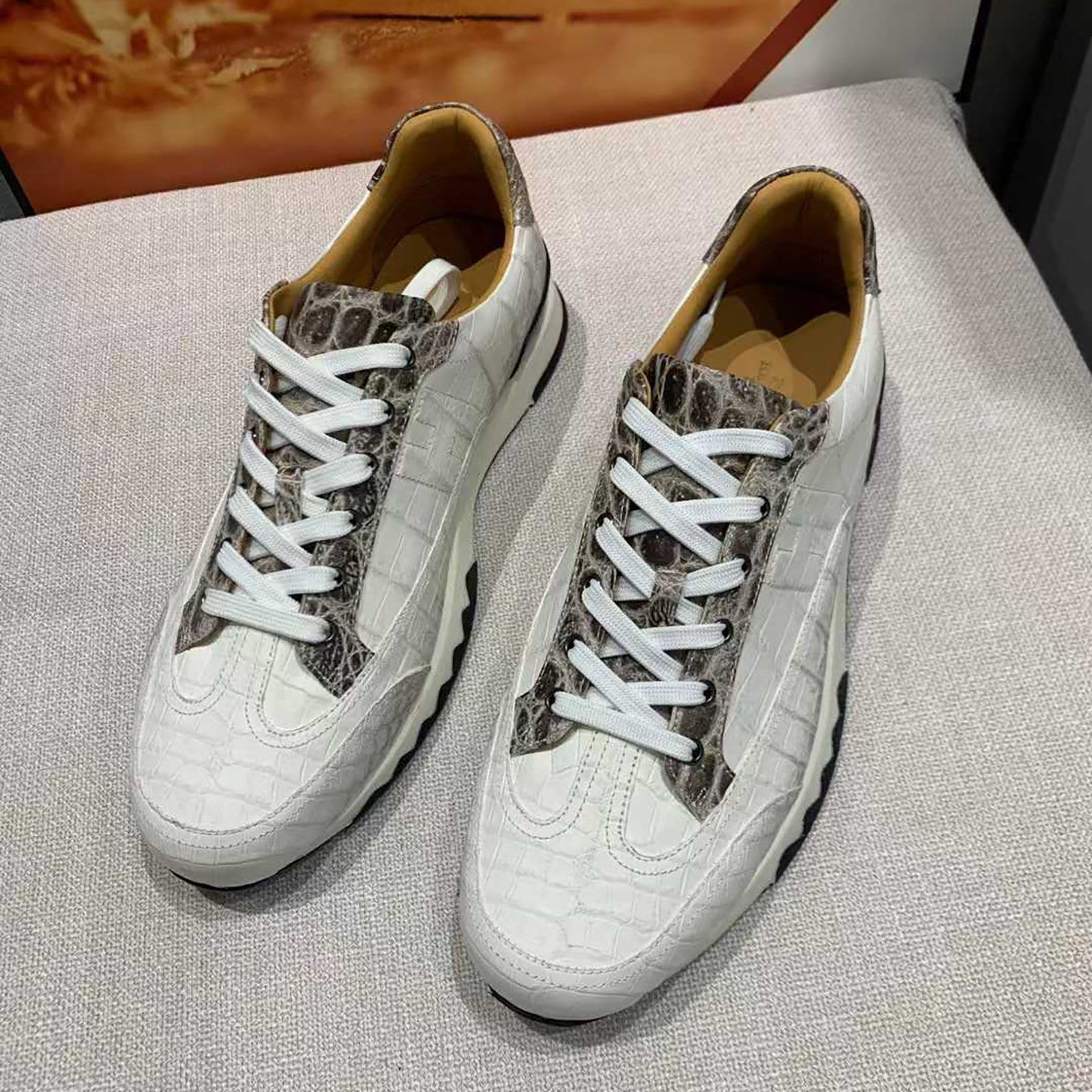 Handmade White Belly Alligator Sneakers for Men – Premium Men’s Himalaya Alligator Skin Sneakers with Luxury Street Style