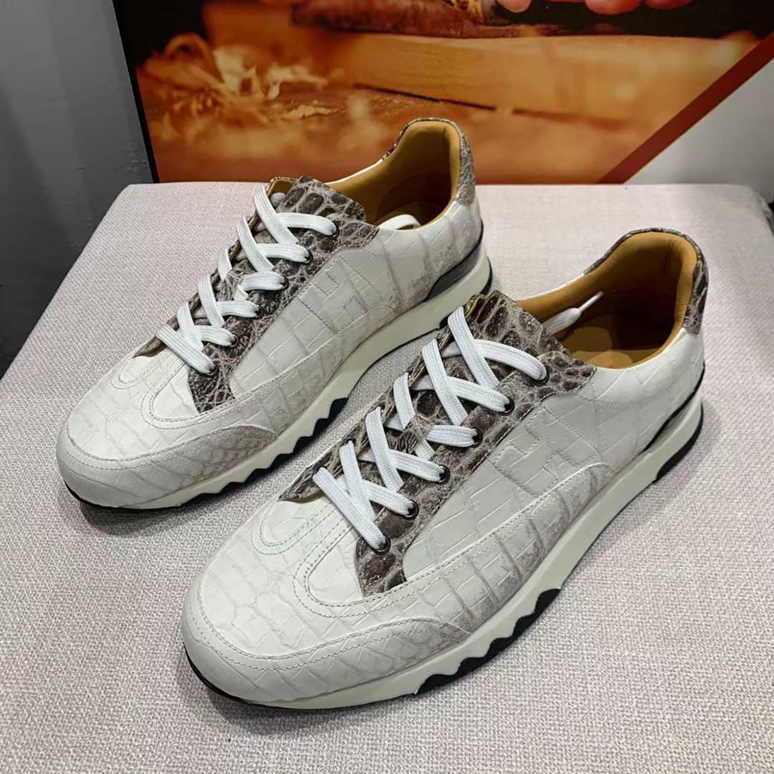 Handmade White Belly Alligator Sneakers for Men – Premium Men’s Himalaya Alligator Skin Sneakers with Luxury Street Style