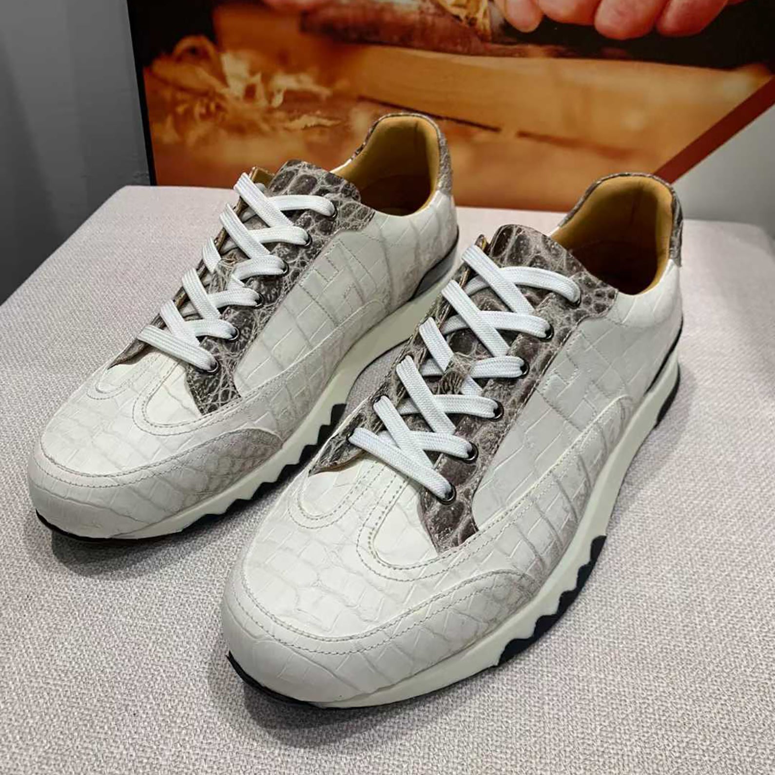 Handmade White Belly Alligator Sneakers for Men – Premium Men’s Himalaya Alligator Skin Sneakers with Luxury Street Style