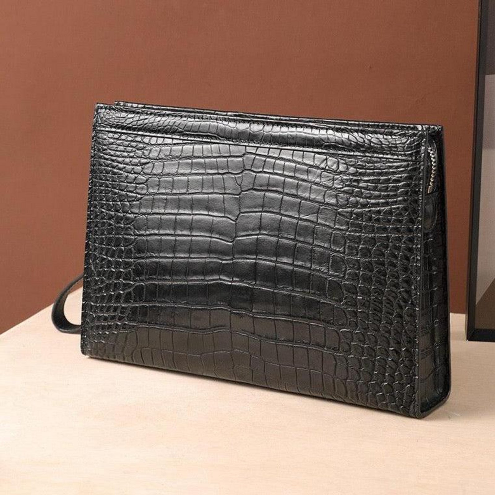 black genuine alligator belly leather men's clutch back view
