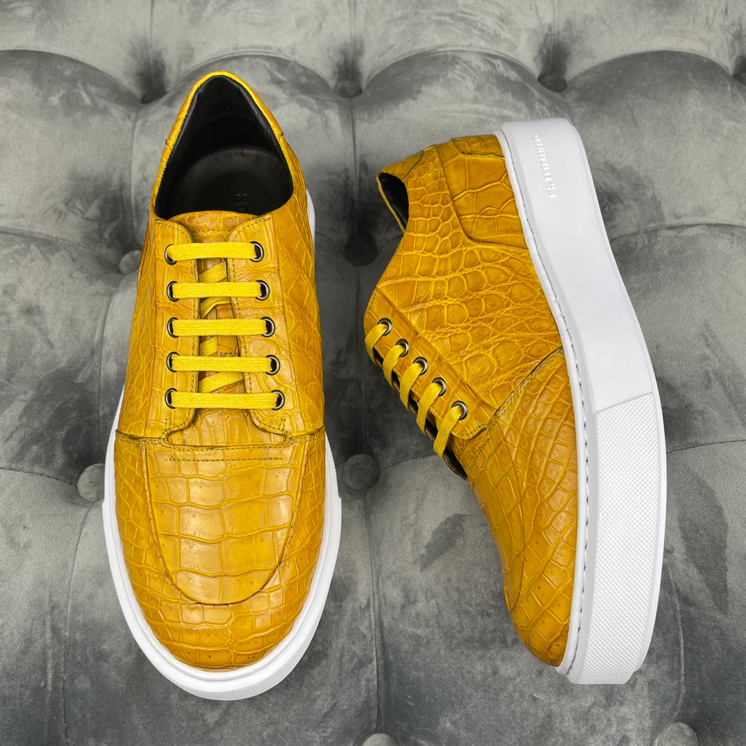 Men's Genuine Alligator Leather Sneakers – Yellow Low-Top Lace-Up