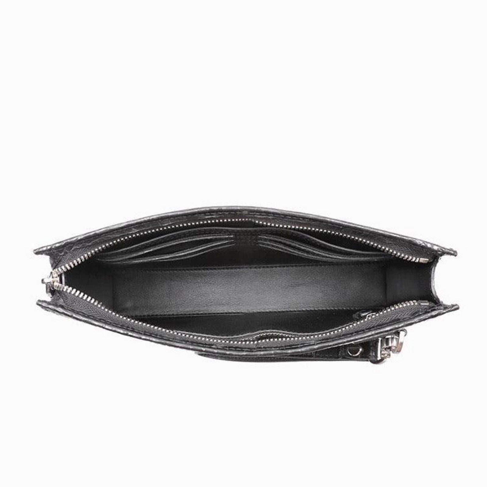 black genuine alligator belly leather men's clutch interior view showing card slots and compartments