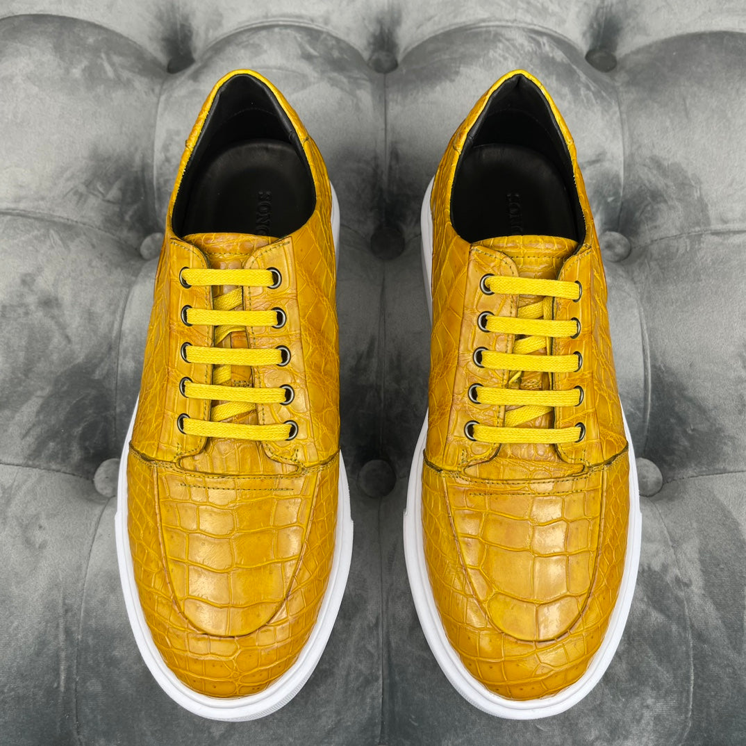 Men's Genuine Alligator Leather Sneakers – Yellow Low-Top Lace-Up