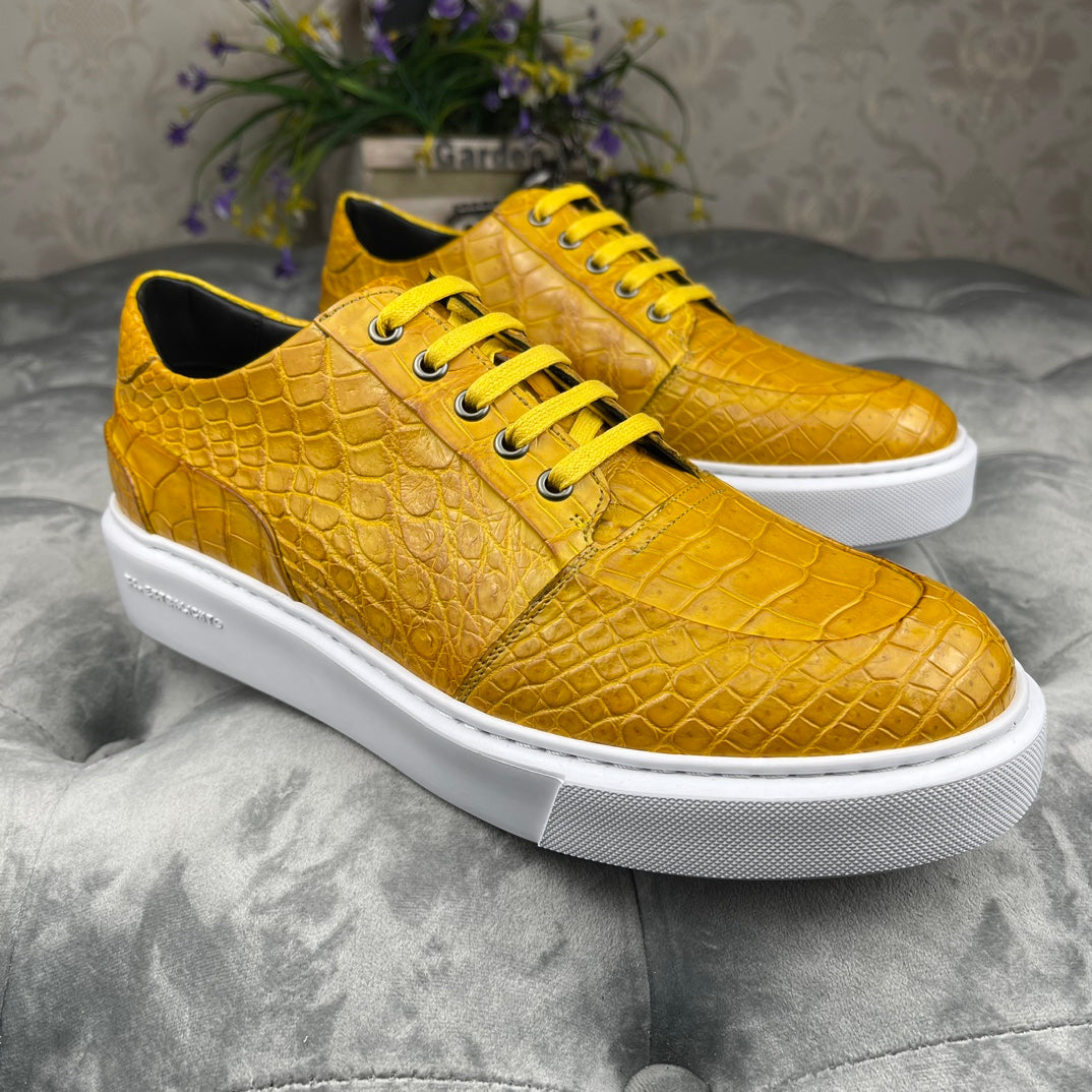 Men's Genuine Alligator Leather Sneakers – Yellow Low-Top Lace-Up