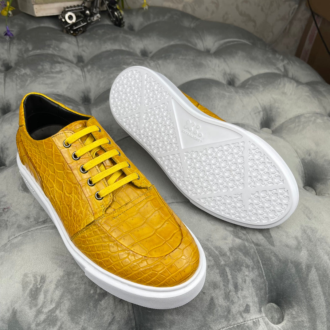 Men's Genuine Alligator Leather Sneakers – Yellow Low-Top Lace-Up