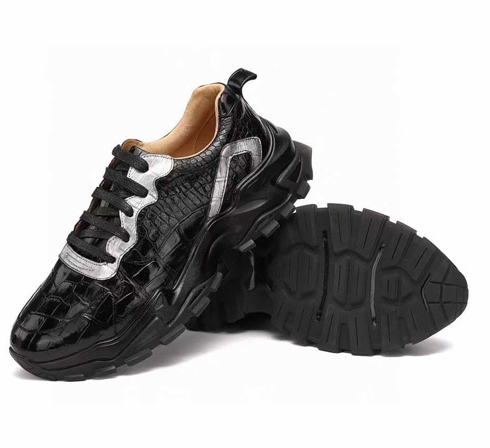 Alligator Leather Sneakers for Men – Handmade Black & White Chunky Sole Trainers with Bold Texture and Street-Ready Statement Style