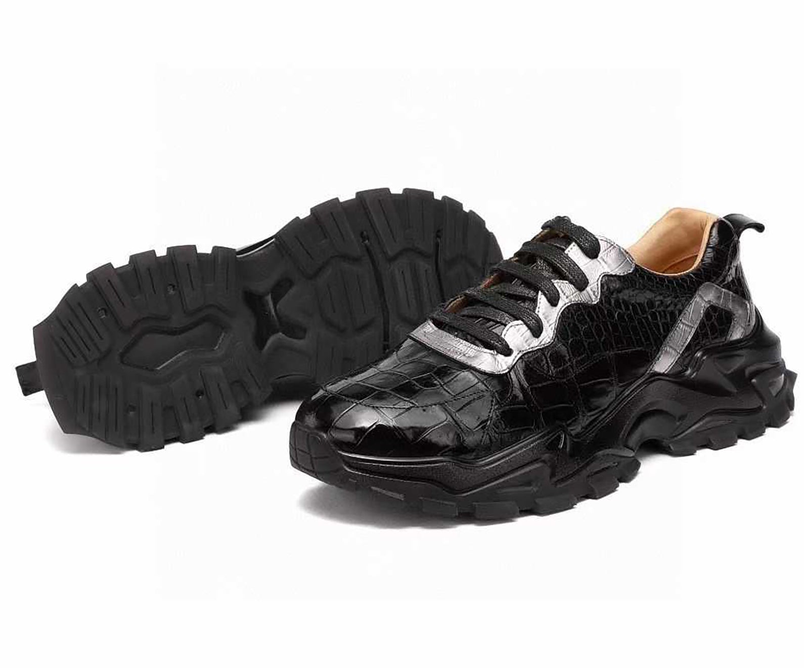 Alligator Leather Sneakers for Men – Handmade Black & White Chunky Sole Trainers with Bold Texture and Street-Ready Statement Style
