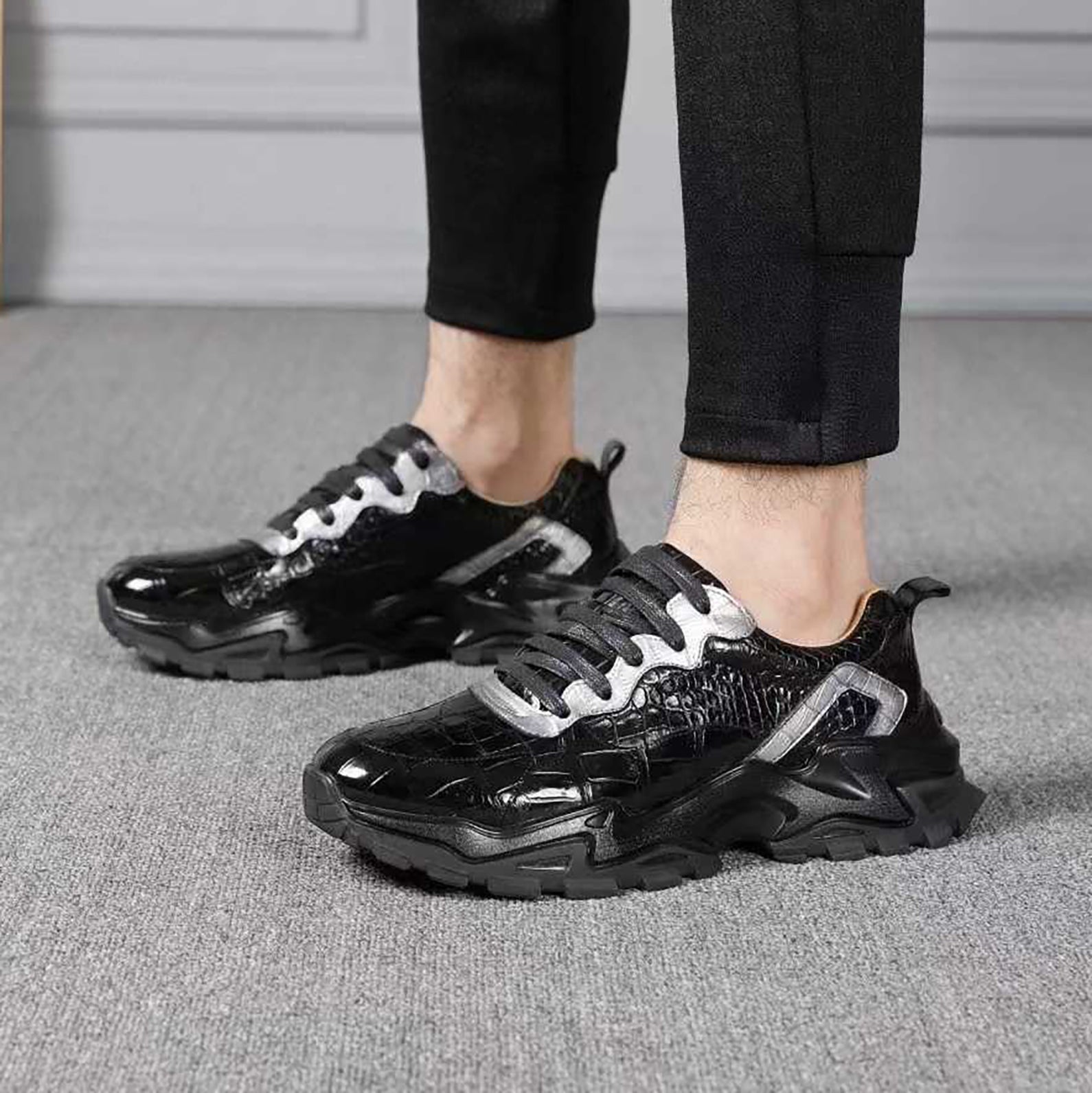 Alligator Leather Sneakers for Men – Handmade Black & White Chunky Sole Trainers with Bold Texture and Street-Ready Statement Style