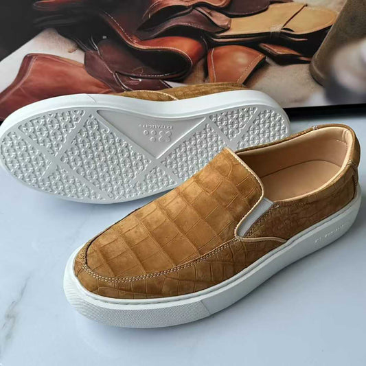 Alligator Nubuck Leather Slip-On Shoes – Handmade Exotic Comfort with White Rubber Sole for Effortless Everyday Luxury