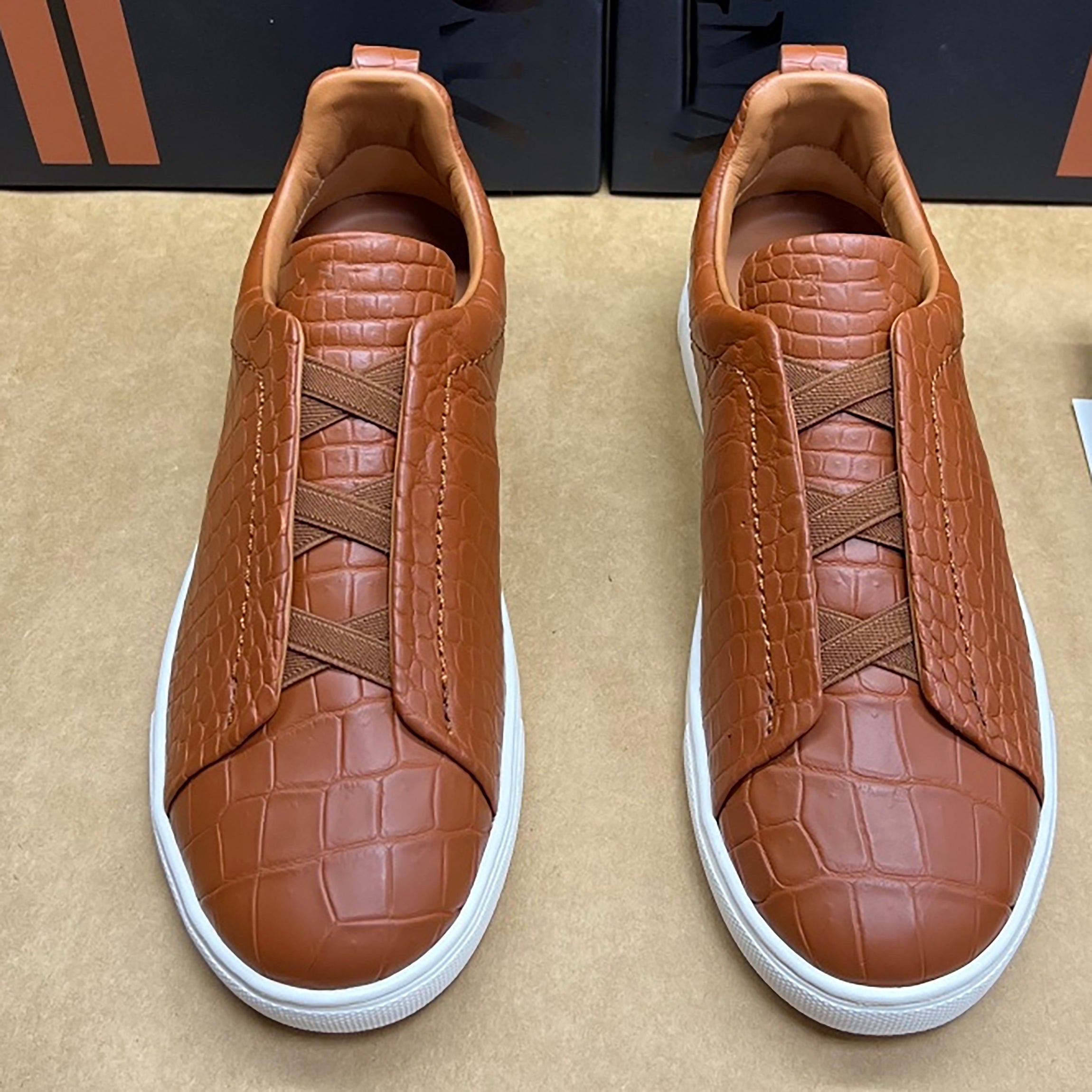 Alligator Leather Sneakers – Elastic Lace Designer Shoes for Men