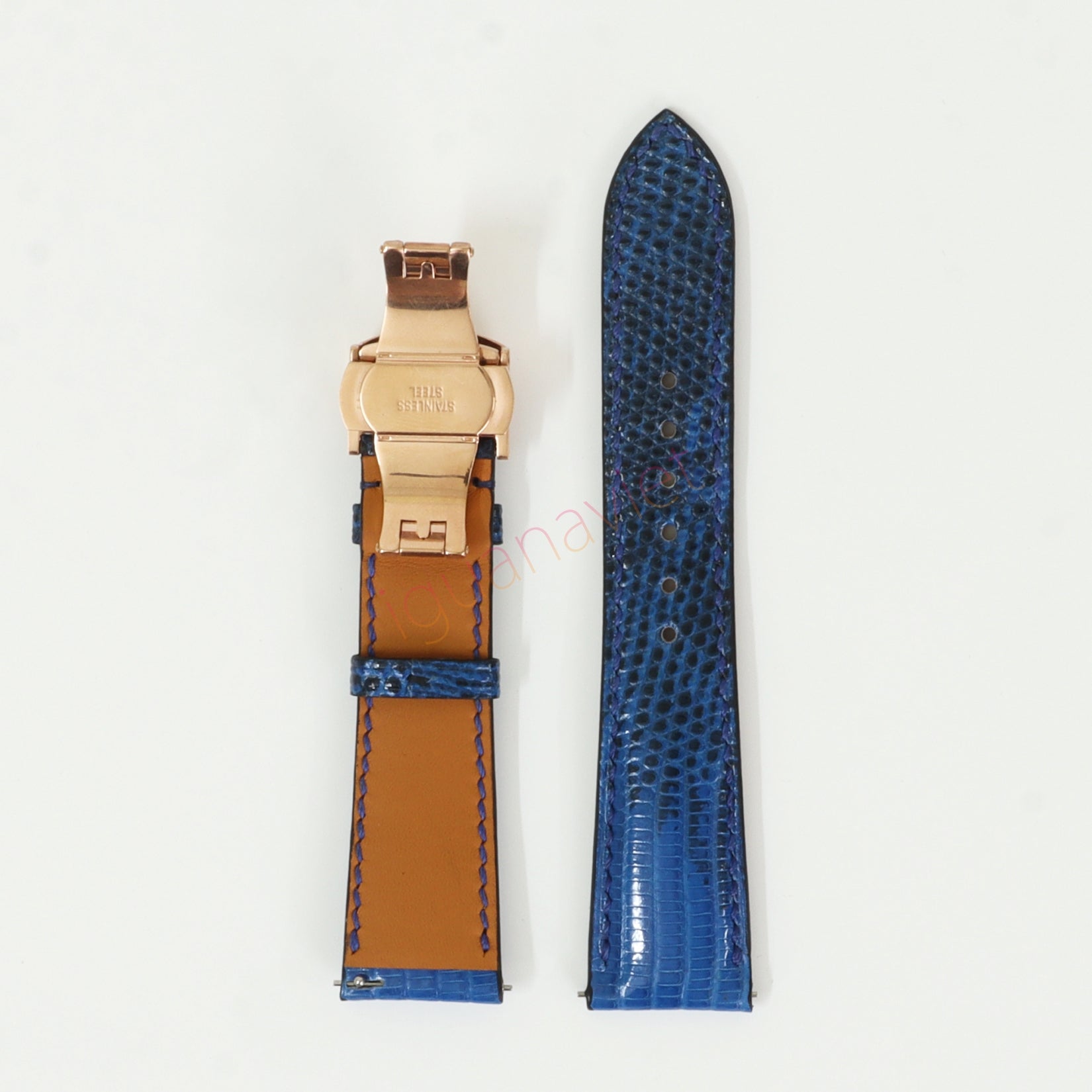 Blue Genuine iguana leather watch strap with deployment buckle, quick release pin leather watch strap, handmade leather watch strap