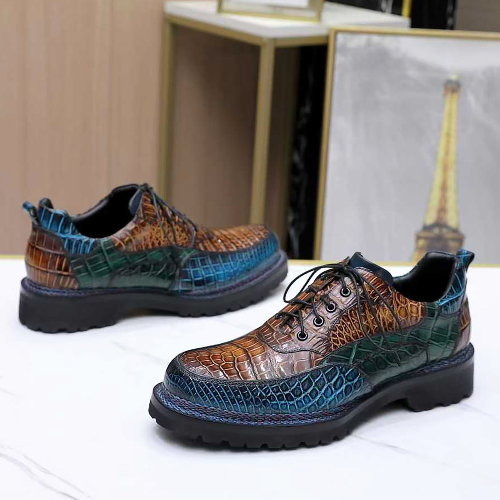 Custom-Made Nile Crocodile Leather Business Casual Shoes – Hand-Painted Patina with Norwegian Welt Construction