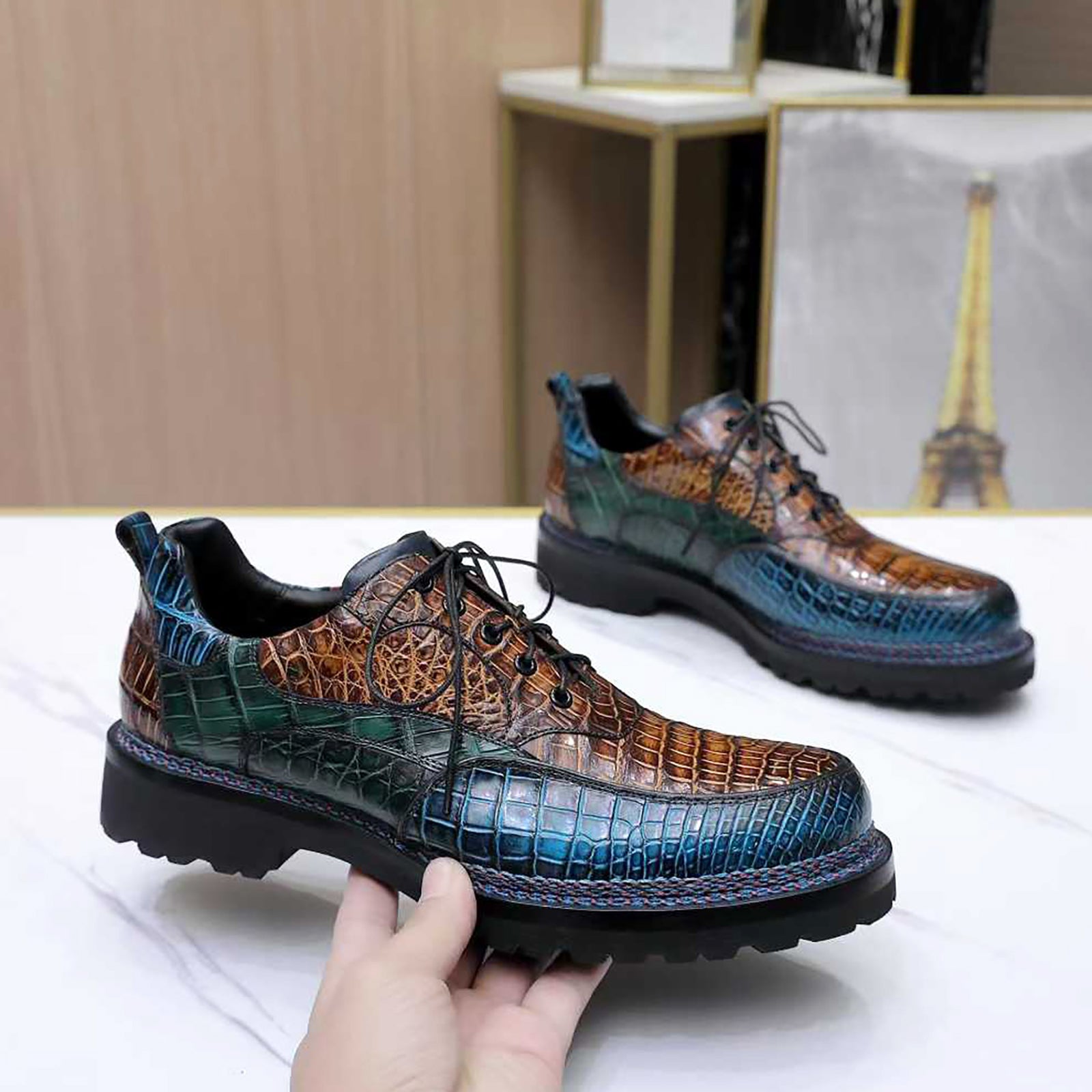 Custom-Made Nile Crocodile Leather Business Casual Shoes – Hand-Painted Patina with Norwegian Welt Construction