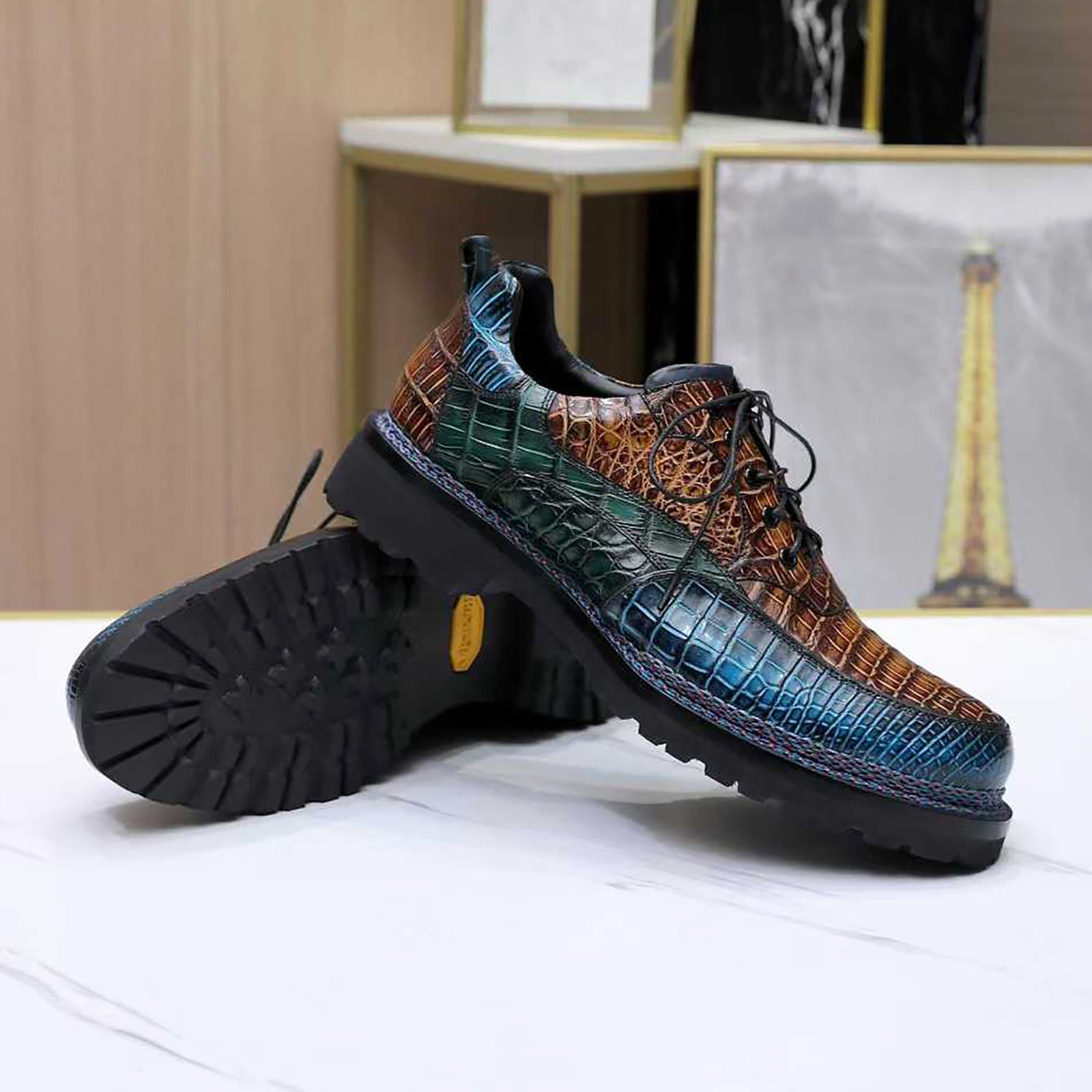 Custom-Made Nile Crocodile Leather Business Casual Shoes – Hand-Painted Patina with Norwegian Welt Construction