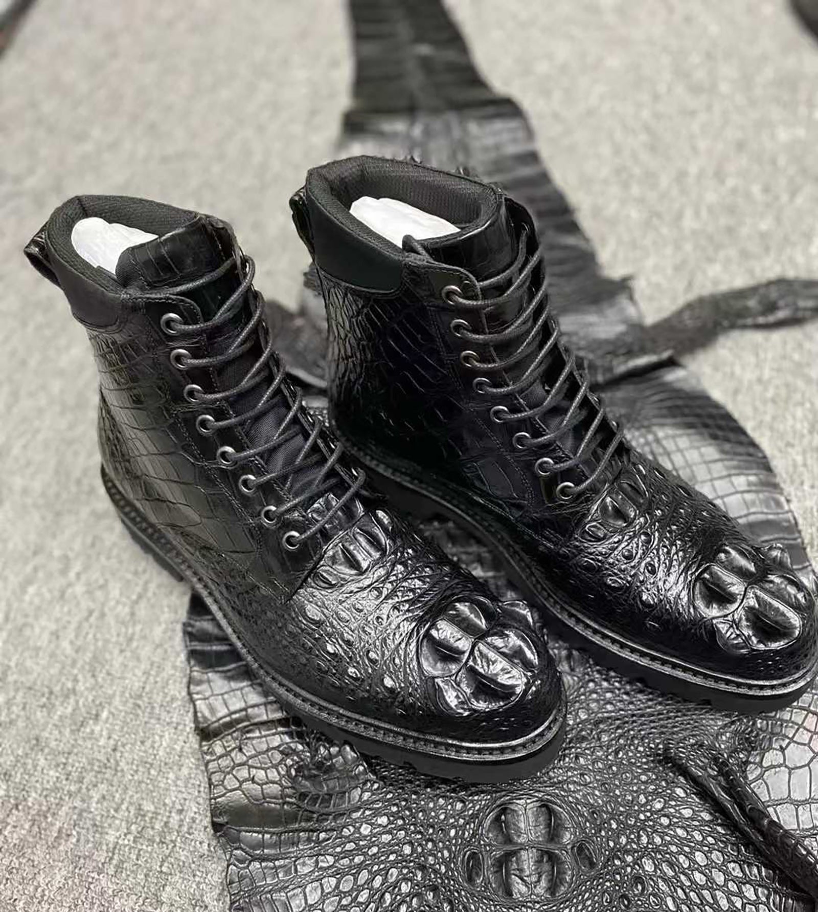 Genuine Alligator Leather Boots for Men – Handcrafted Black Combat-Style Luxury Footwear with Rugged Sole