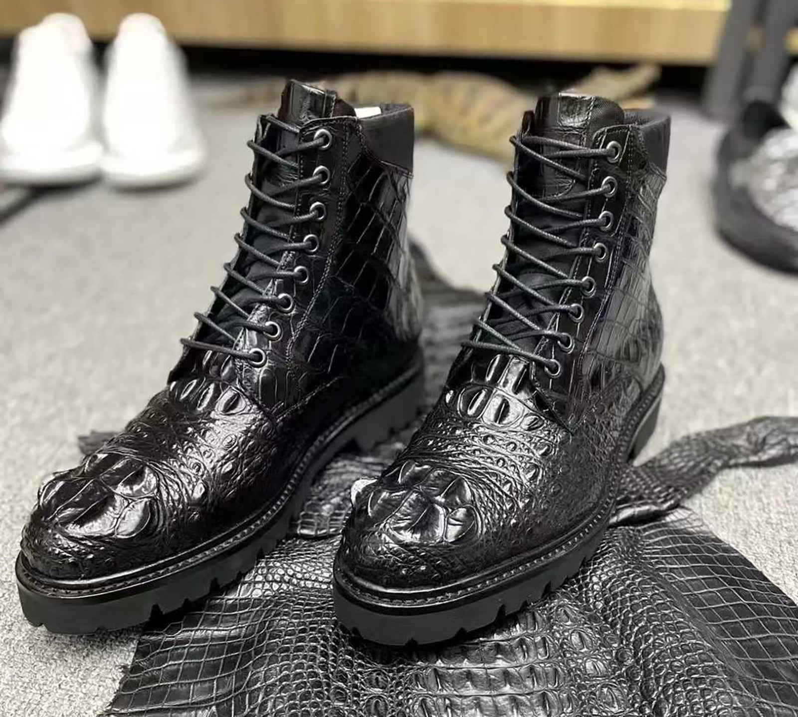 Genuine Alligator Leather Boots for Men – Handcrafted Black Combat-Style Luxury Footwear with Rugged Sole