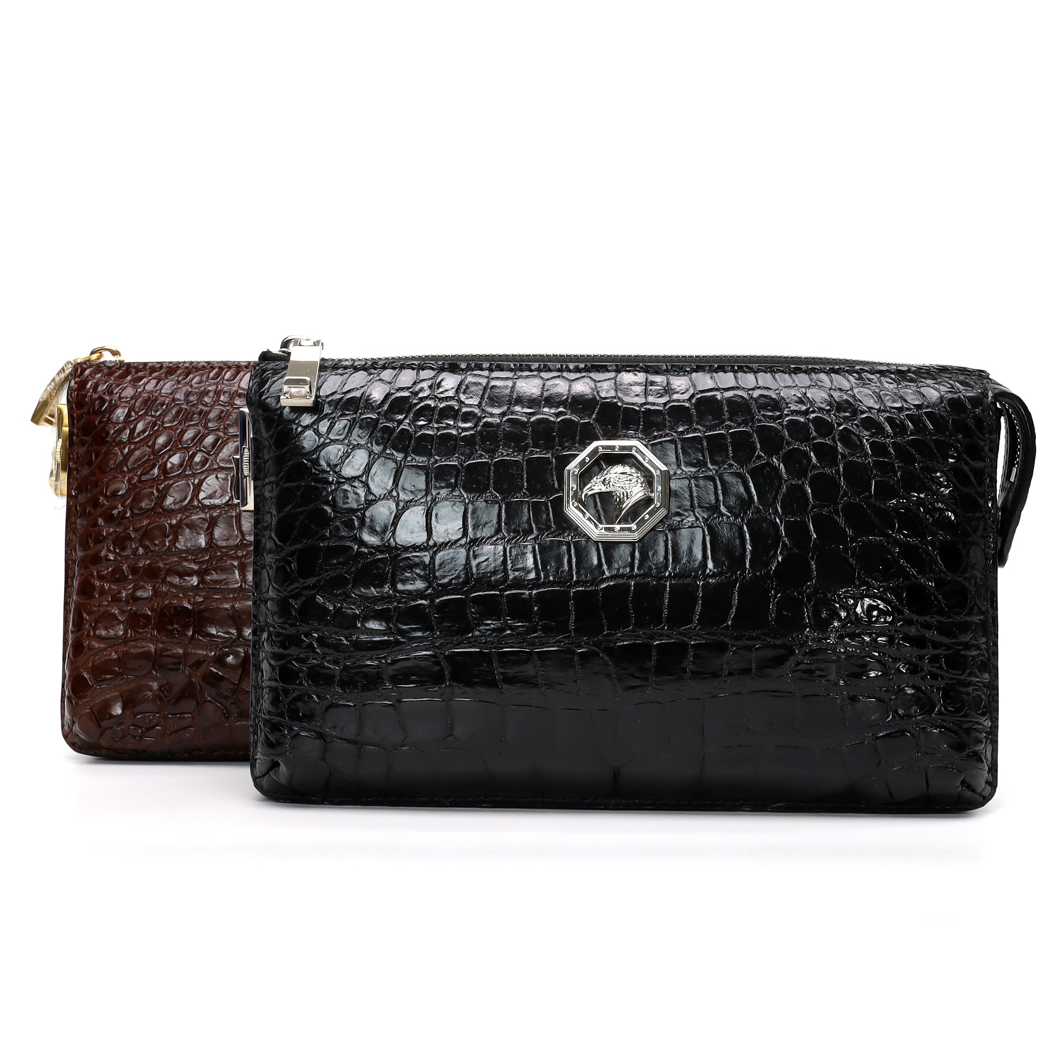 Genuine Alligator Leather Clutch Bag – Black & Dark Brown Handmade Purse