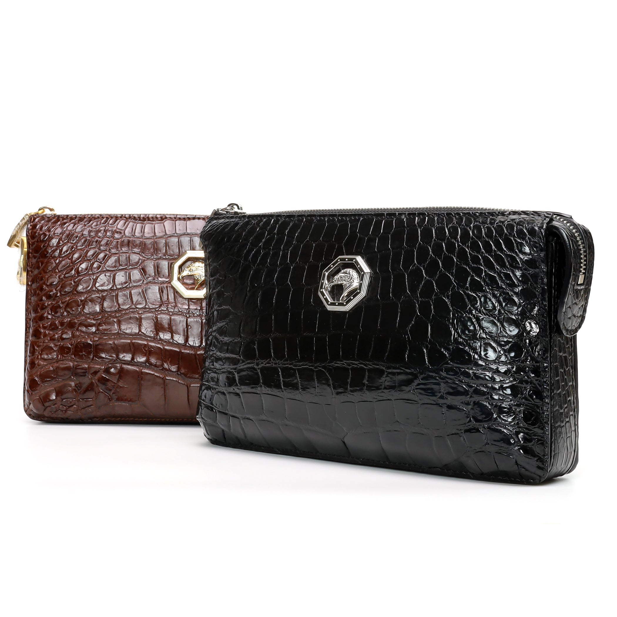 Genuine Alligator Leather Clutch Bag – Black & Dark Brown Handmade Purse