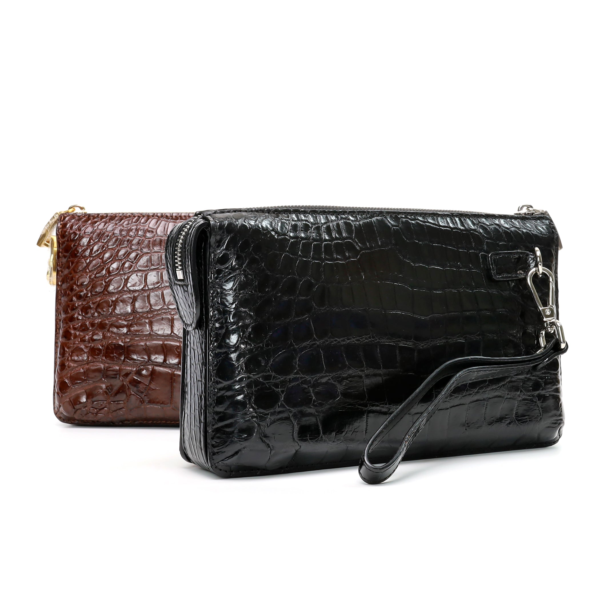 Genuine Alligator Leather Clutch Bag – Black & Dark Brown Handmade Purse