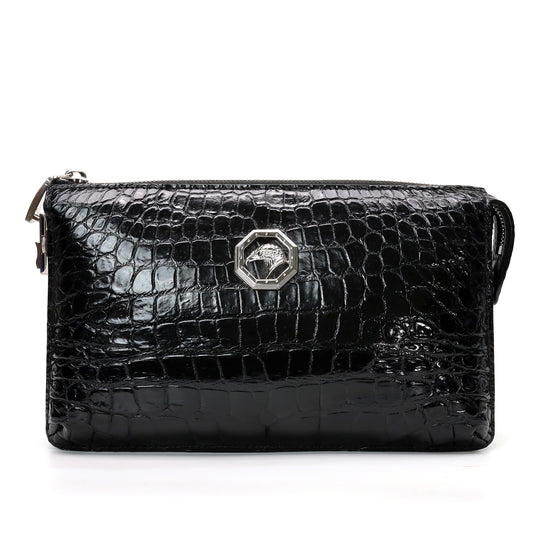 Genuine Alligator Leather Clutch Bag – Black & Dark Brown Handmade Purse