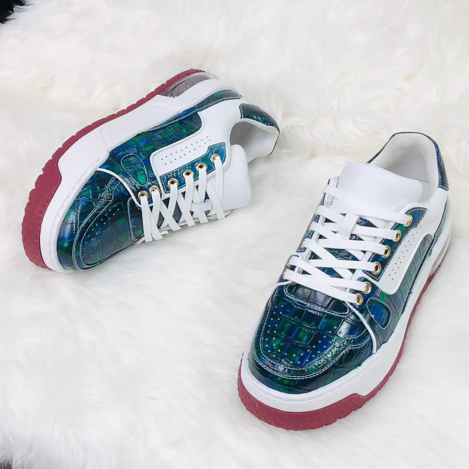 Genuine Alligator Sneakers for Men – Handcrafted Blue Patina Luxury Shoes with Sport Sole and Exotic Texture