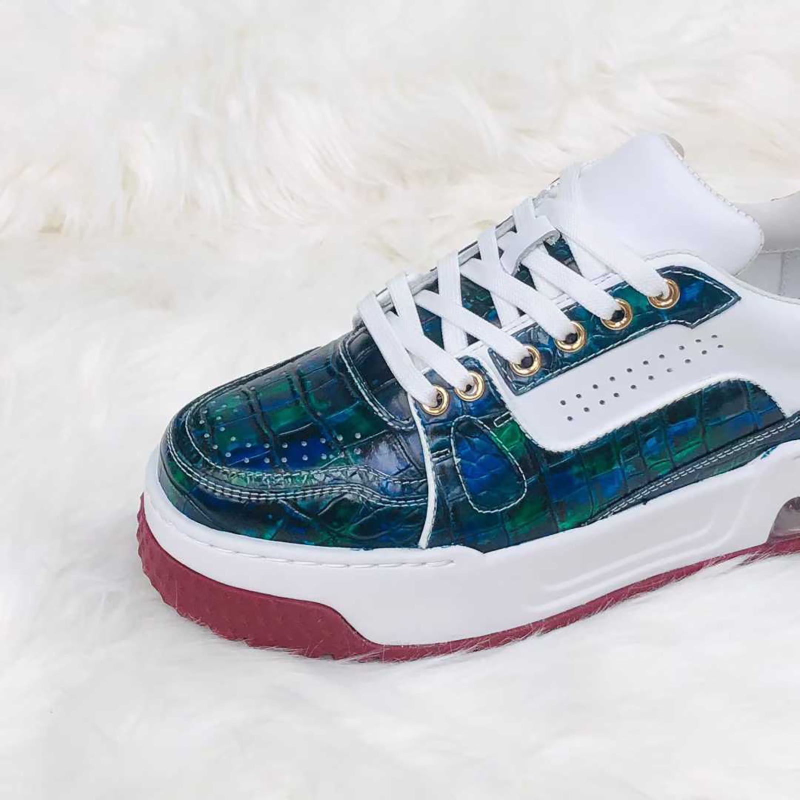 Genuine Alligator Sneakers for Men – Handcrafted Blue Patina Luxury Shoes with Sport Sole and Exotic Texture