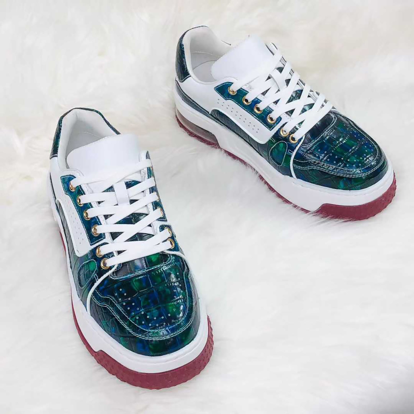 Genuine Alligator Sneakers for Men – Handcrafted Blue Patina Luxury Shoes with Sport Sole and Exotic Texture