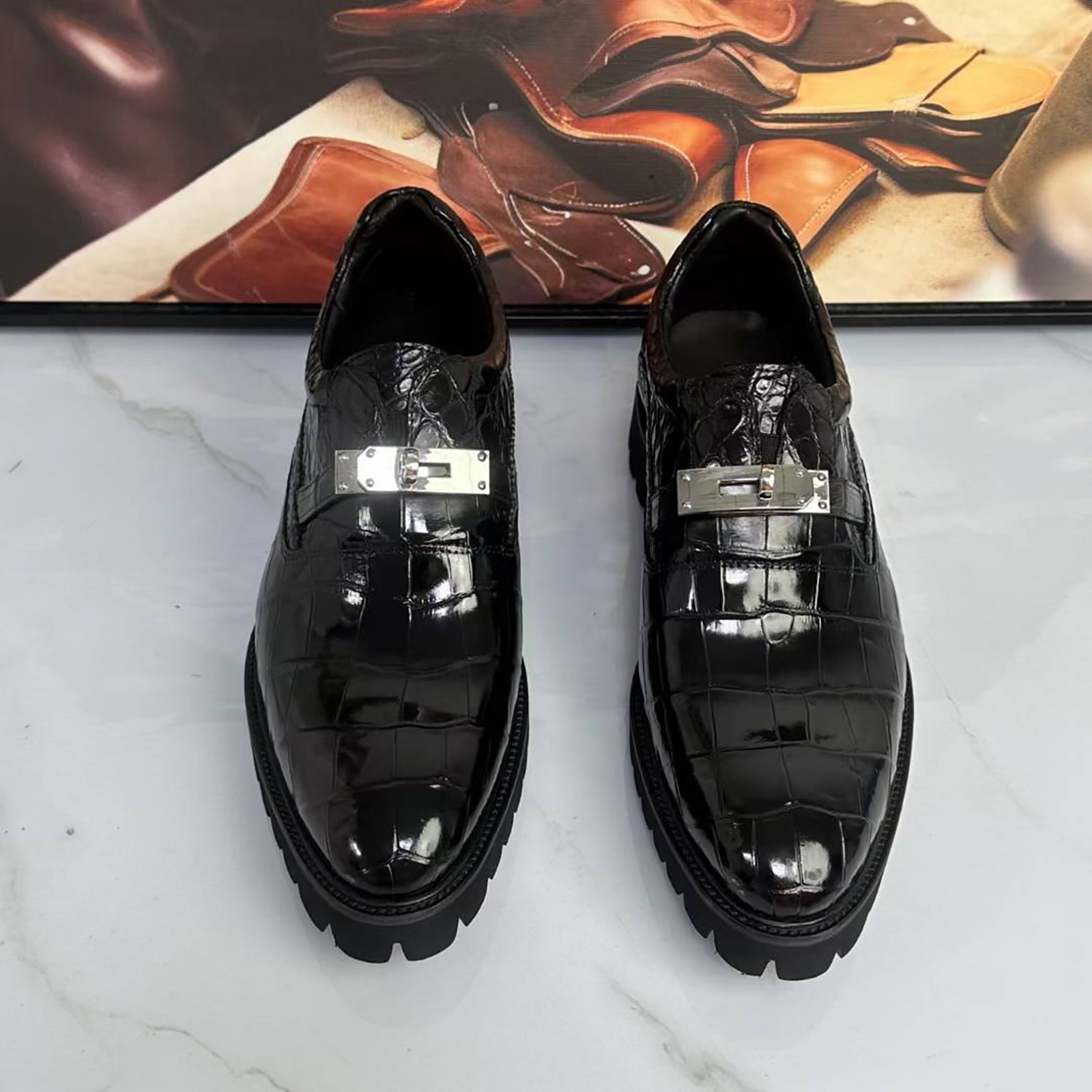 Genuine Alligator Leather Monk Strap Shoes for Men – Handcrafted Black Exotic Loafers with Rugged Sole, Luxury Hardware, and Timeless American Style