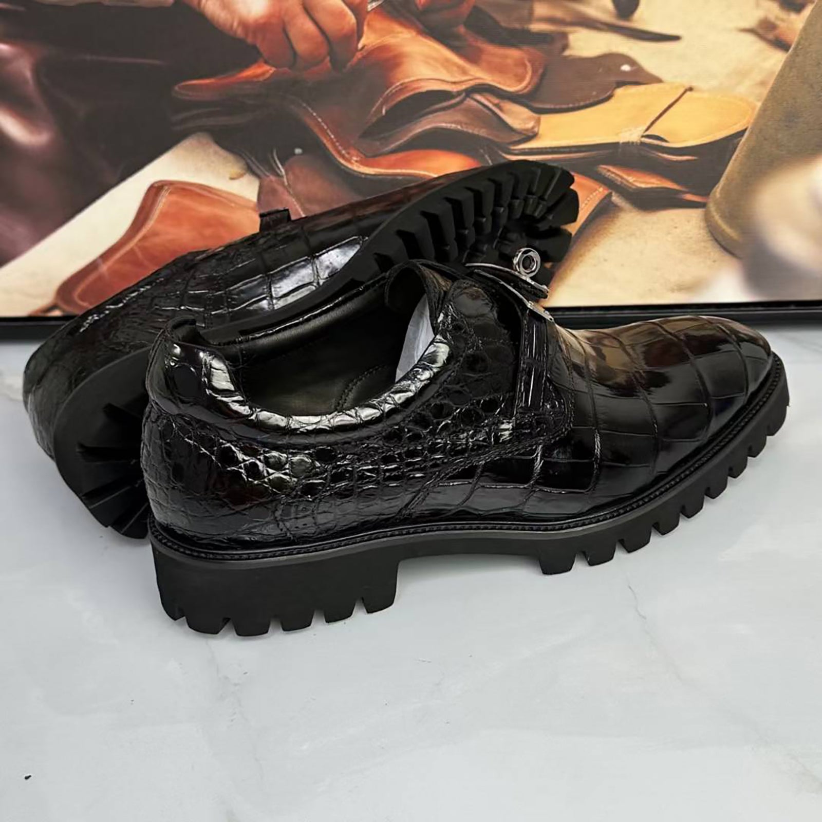 Genuine Alligator Leather Monk Strap Shoes for Men – Handcrafted Black Exotic Loafers with Rugged Sole, Luxury Hardware, and Timeless American Style