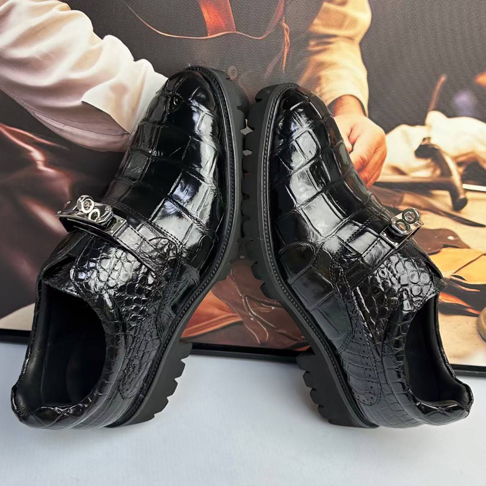 Genuine Alligator Leather Monk Strap Shoes for Men – Handcrafted Black Exotic Loafers with Rugged Sole, Luxury Hardware, and Timeless American Style