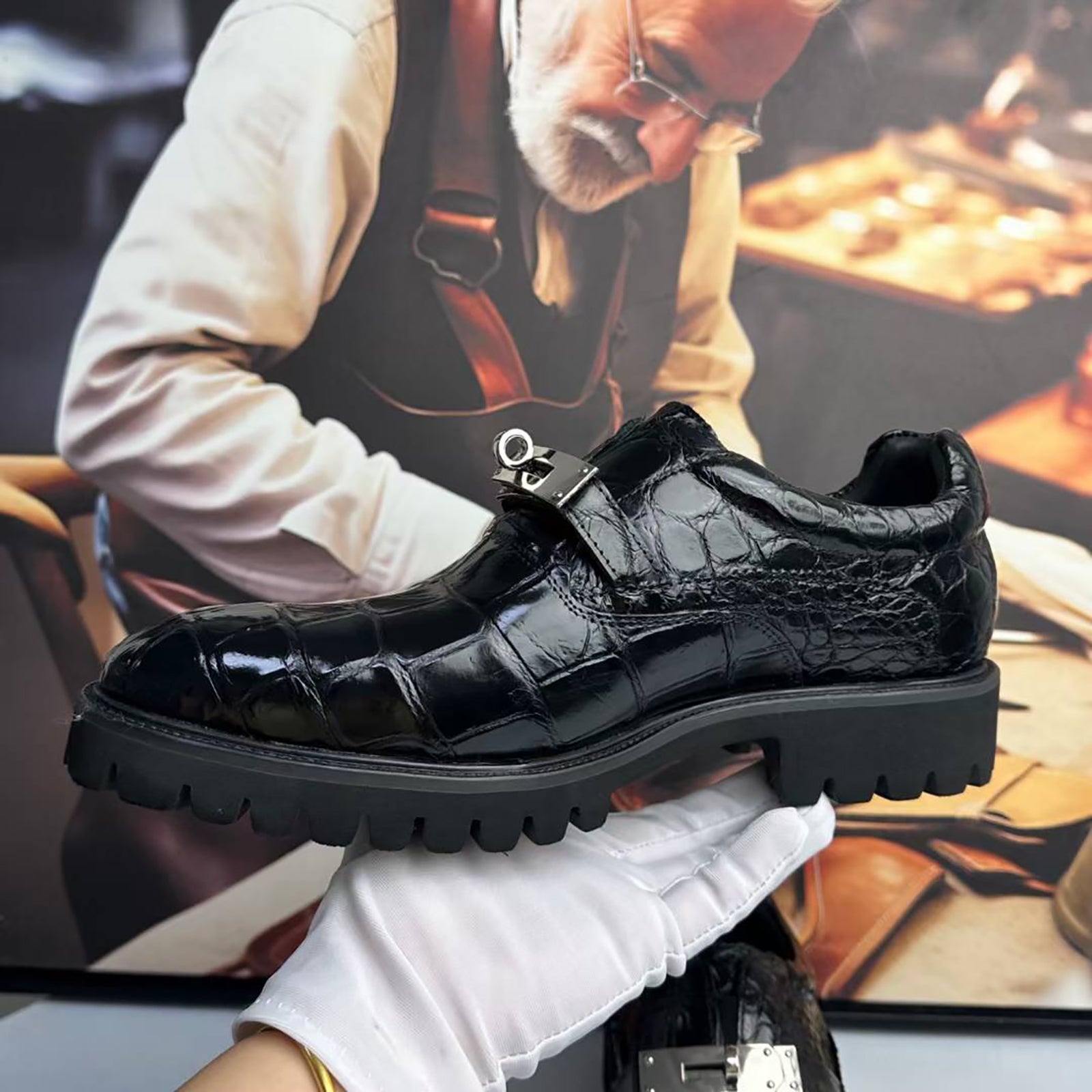 Genuine Alligator Leather Monk Strap Shoes for Men Handcrafted Black Crocodile Viet Genuine Alligator Leather Monk Strap Shoes for Men Handcrafted Black Crocodile Viet