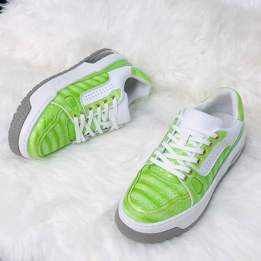 Genuine Alligator Sneakers for Men – Handcrafted Green Patina Luxury Shoes with Sport Sole and Distinctive Exotic Texture