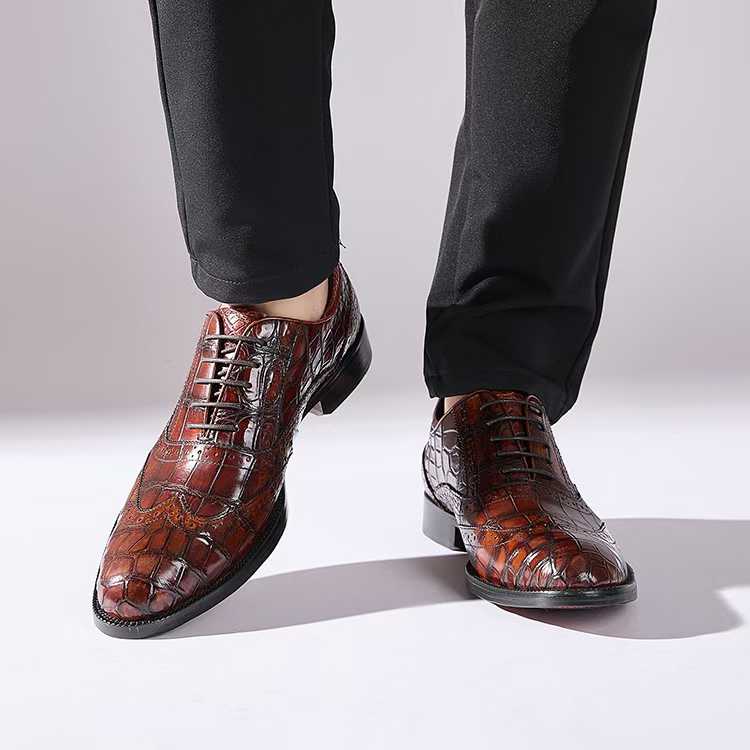 Handmade Alligator Leather Oxford Shoes for Men – Dark Brown Patina Dress Style