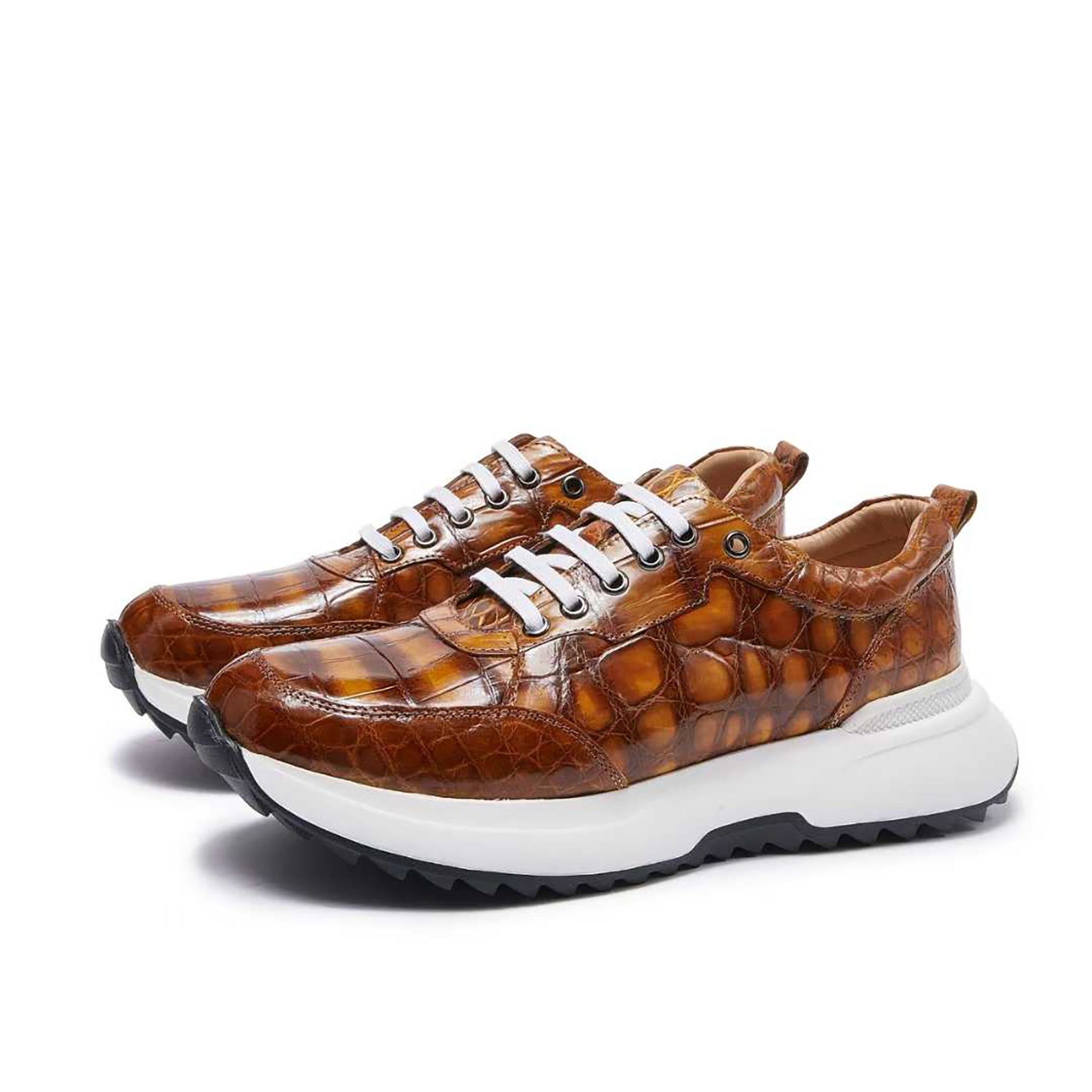 Handmade Alligator Sneakers for Men – Rich Cognac Patina with Rubber Sole and Exotic Texture