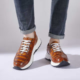 Handmade Alligator Sneakers for Men – Rich Cognac Patina with Rubber Sole and Exotic Texture