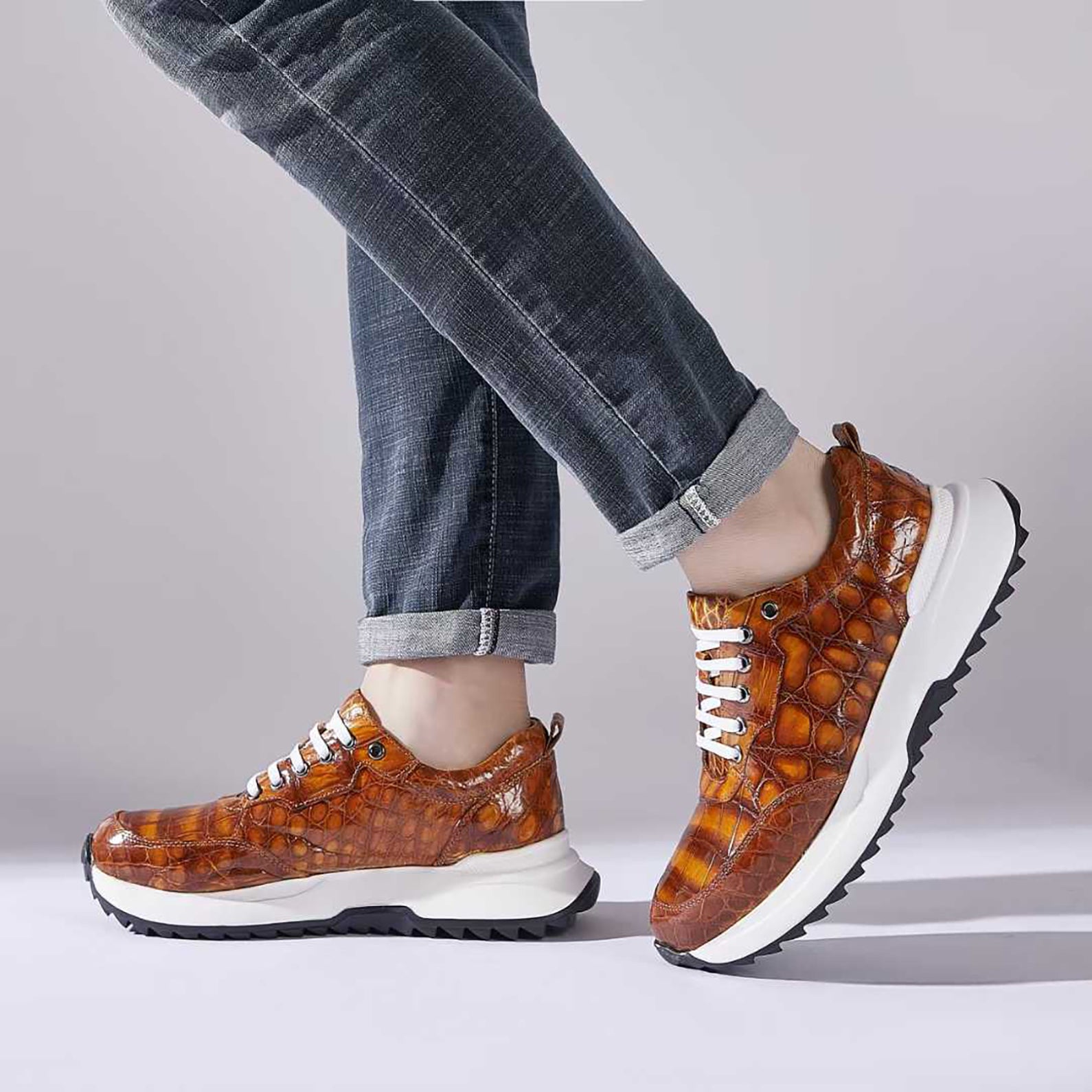 Handmade Alligator Sneakers for Men – Rich Cognac Patina with Rubber Sole and Exotic Texture