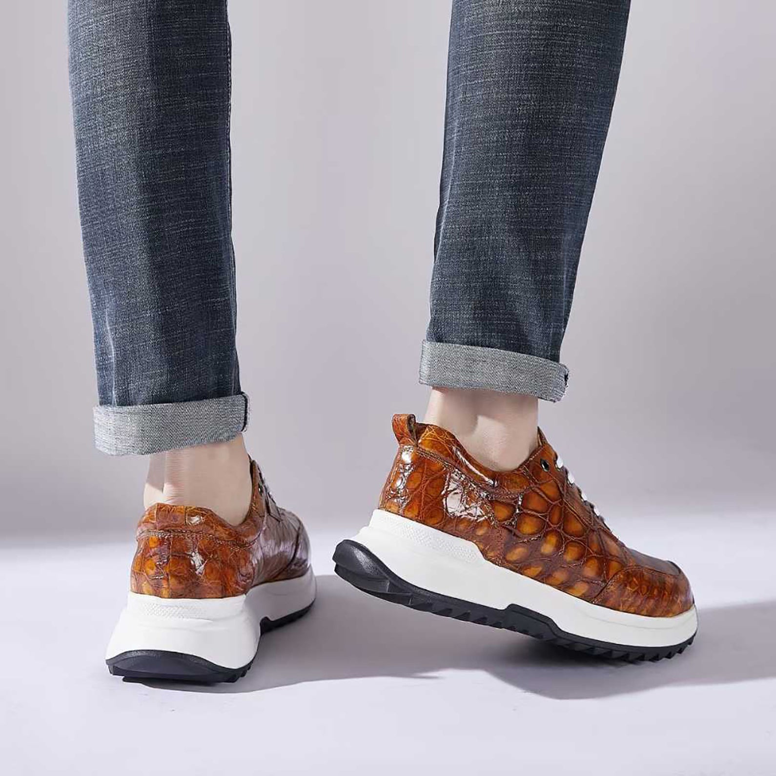 Handmade Alligator Sneakers for Men – Rich Cognac Patina with Rubber Sole and Exotic Texture