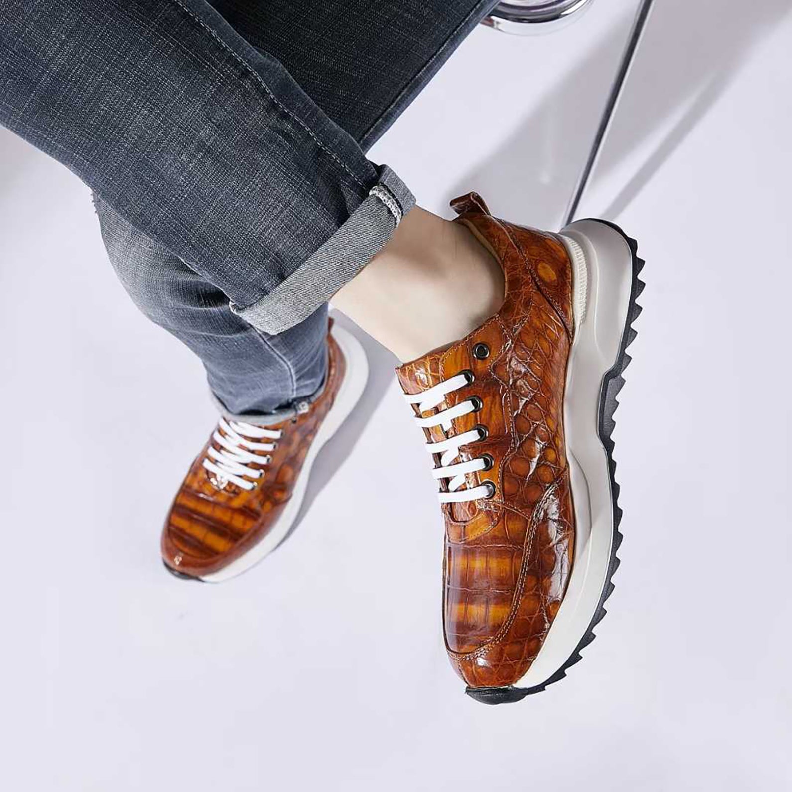 Handmade Alligator Sneakers for Men – Rich Cognac Patina with Rubber Sole and Exotic Texture