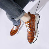 Handmade Alligator Sneakers for Men – Rich Cognac Patina with Rubber Sole and Exotic Texture