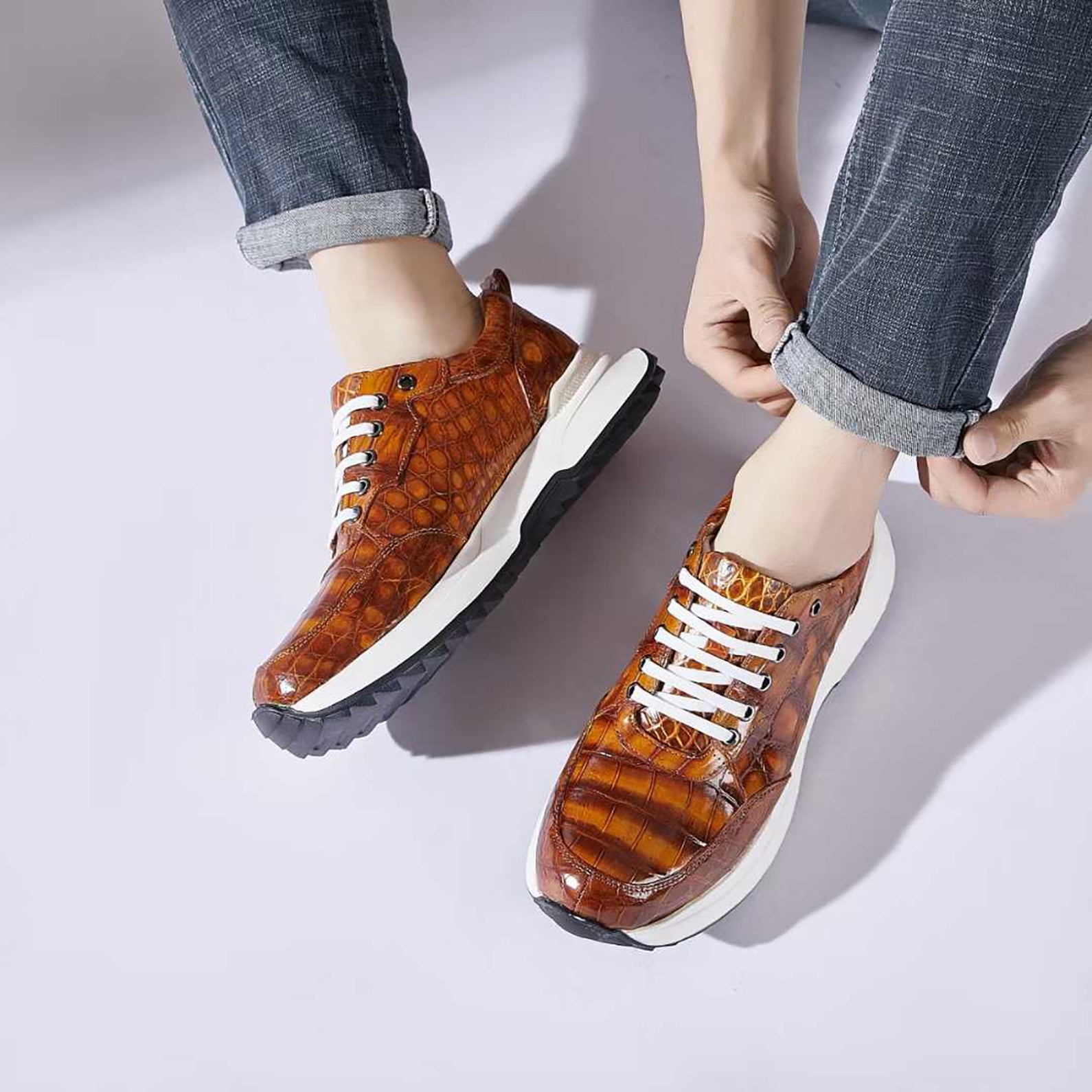 Handmade Alligator Sneakers for Men – Rich Cognac Patina with Rubber Sole and Exotic Texture