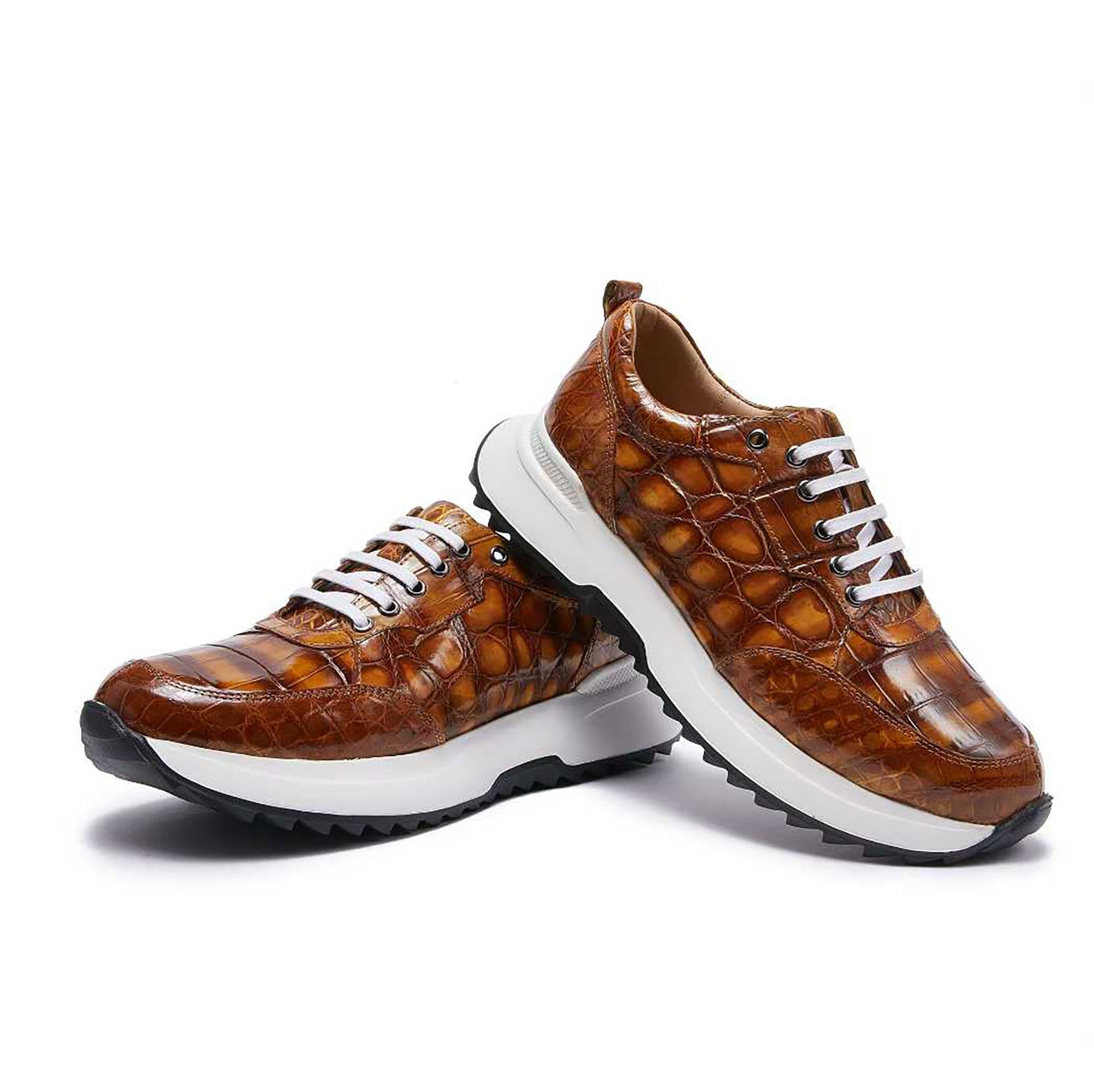 Handmade Alligator Sneakers for Men – Rich Cognac Patina with Rubber Sole and Exotic Texture