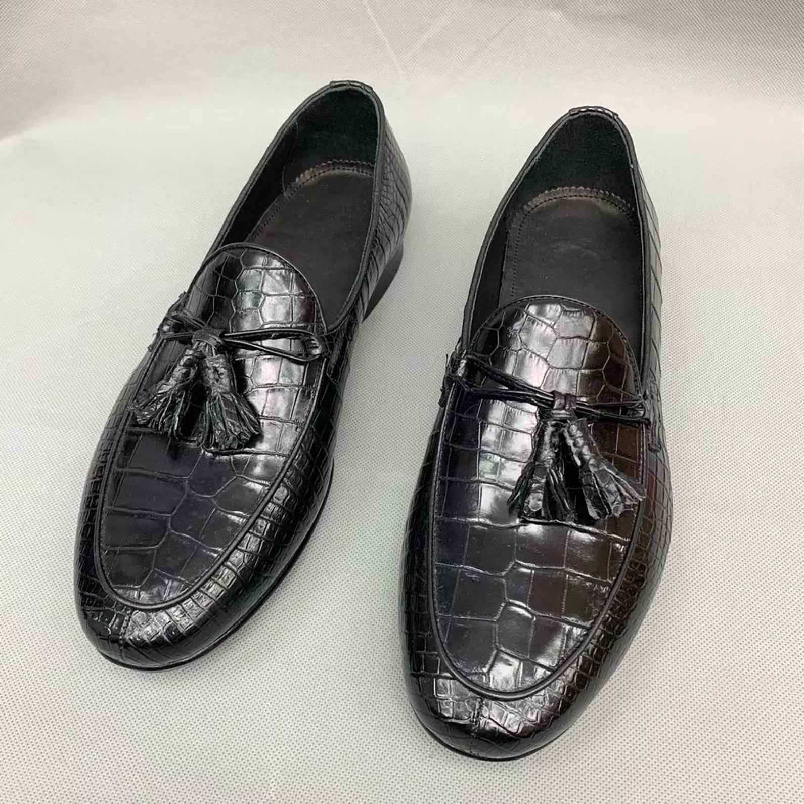 Handmade Black Alligator Leather Tassel Loafers for Men – Luxury Exotic Slip-On Shoes